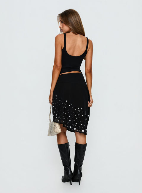 back view of model wearing Princess Polly Jezabela Asymmetrical Stud Midi Skirt Black 