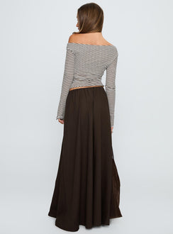 back view of model wearing Princess Polly Hallee Maxi Skirt Brown Maxi 