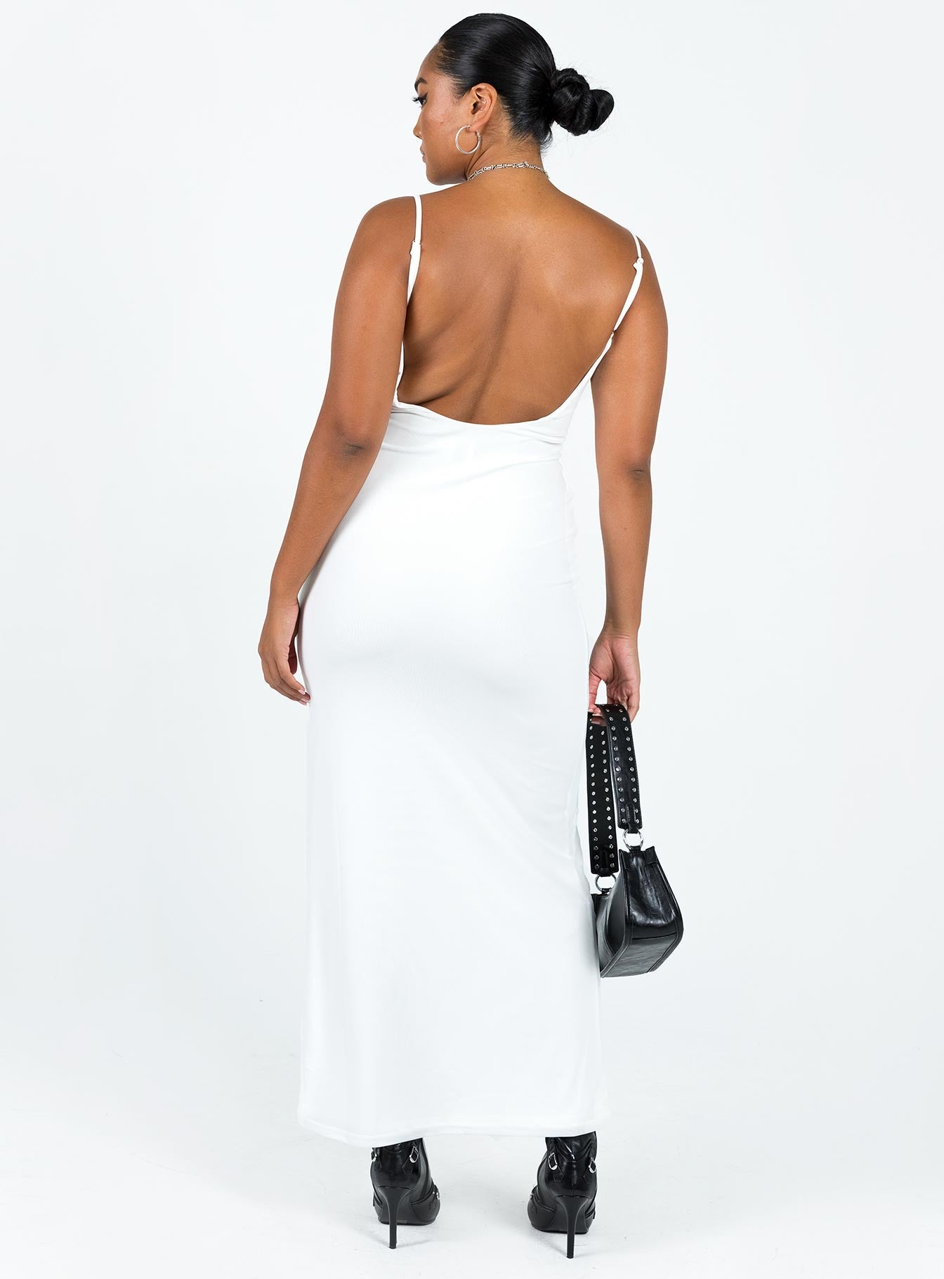 White maxi dress Mesh material Adjustable shoulder straps Low back Good stretch Fully lined