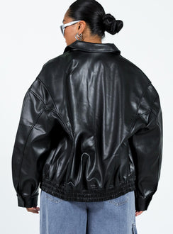 Black bomber jacket Faux leather material Pointed collar Twin hip pockets Elasticated waistband  Single button cuff