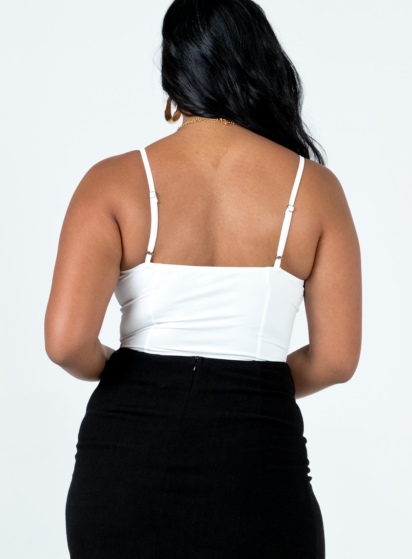 back view of model wearing Princess Polly Tavez Bodysuit Ivory Sleeveless Sweetheart 