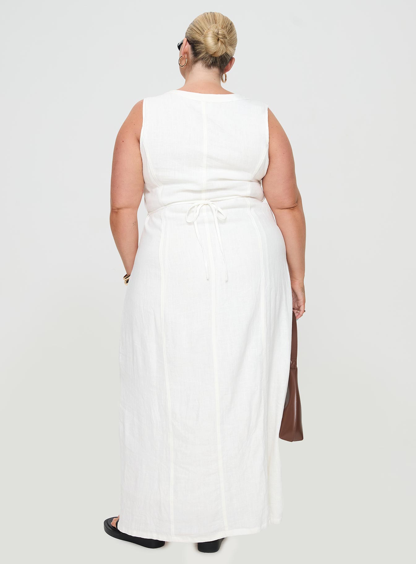 Summer Season Linen Blend Maxi Dress White Curve V-Neck 