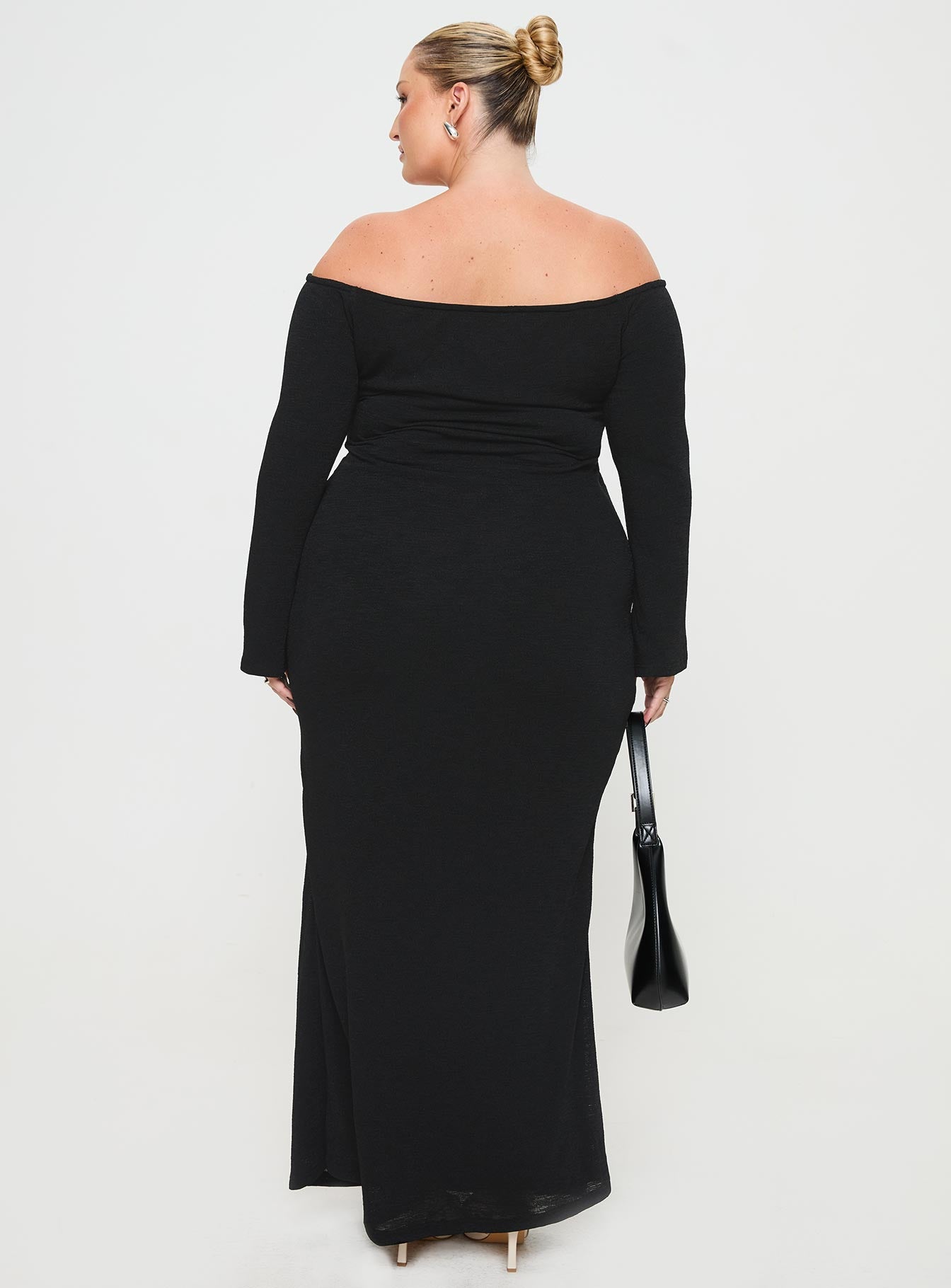 back view of model wearing Princess Polly Korey Off The Shoulder Maxi Dress Black Curve Straight Neck 