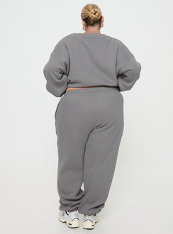 back view of model wearing Princess Polly Princess Polly Track Pants Puff Text Charcoal Curve 