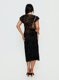 back view of model wearing Princess Polly Atira Midi Skirt Leaf Flower Black Midi Skirts 