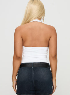 back view of model wearing Princess Polly Someone New Halter Bodysuit White Sleeveless Plunger 