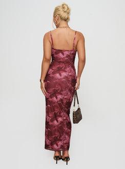 back view of model wearing Princess Polly Hathaway Maxi Dress Burgundy Floral V-Neck 