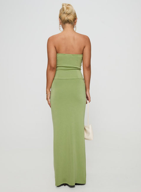back view of model wearing Princess Polly Sun Chaser Maxi Skirt Green Maxi 