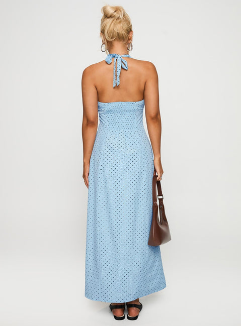 back view of model wearing Princess Polly Mallorie Halter Maxi Dress Blue / Black Polka Scoop Neck 