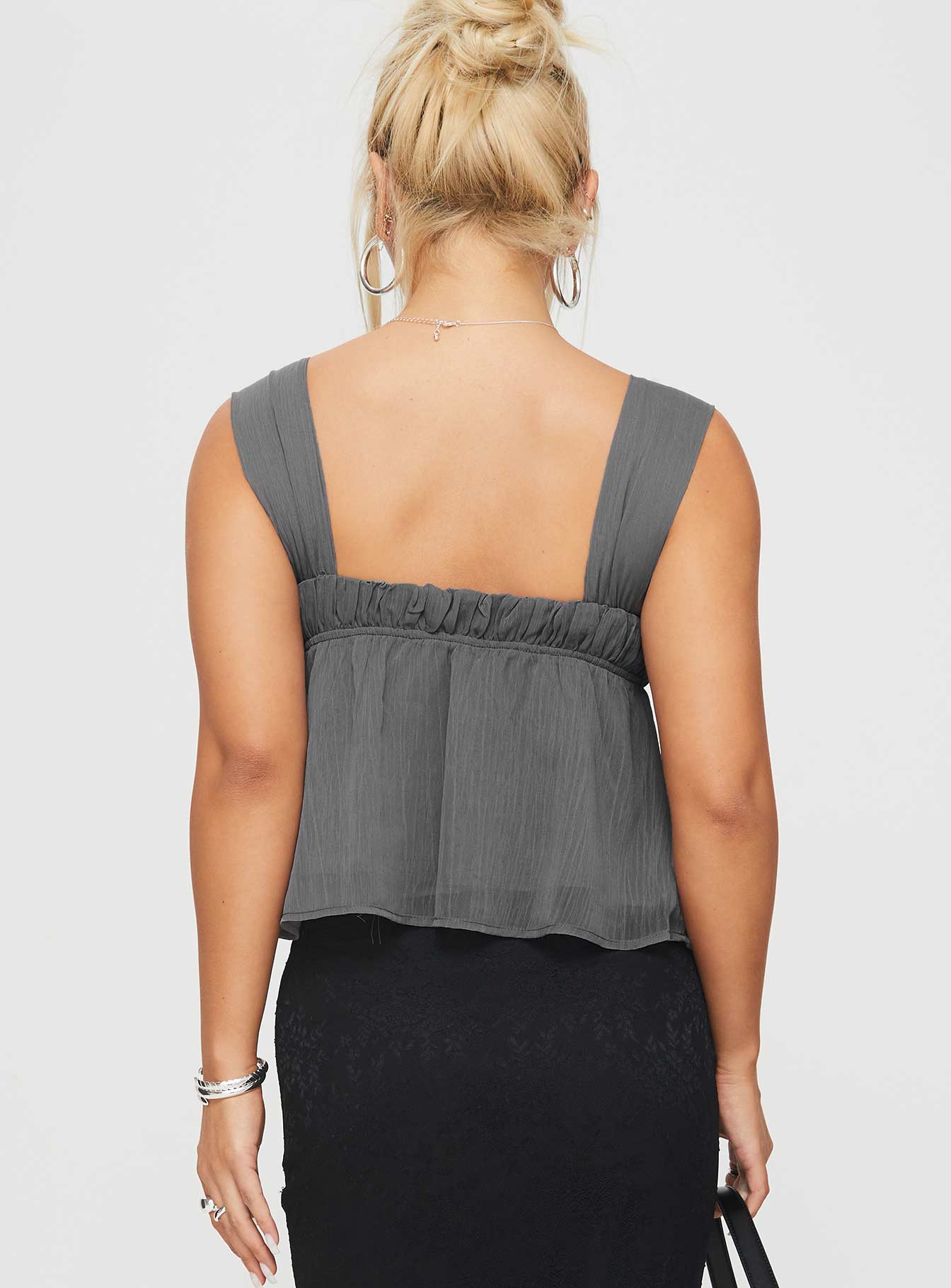 back view of model wearing Princess Polly Mooney Top Slate Grey Sleeveless Square Neck 