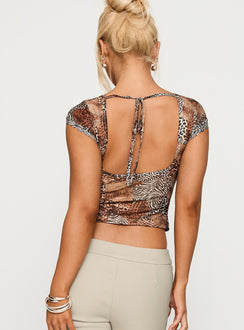 back view of model wearing Princess Polly Tied In Short Sleeve Top Leopard Short Sleeves Crew Neck 