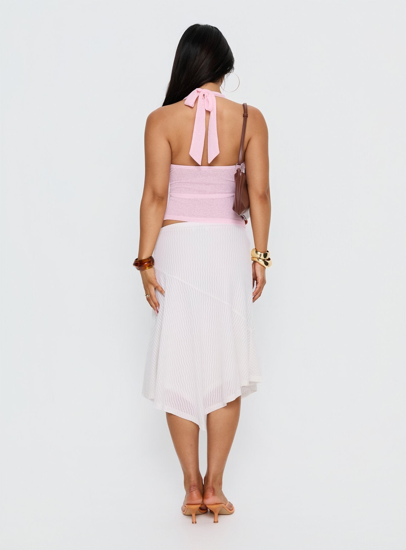 back view of model wearing Princess Polly Adrea Asymmetrical Midi Skirt White Midi Skirts 