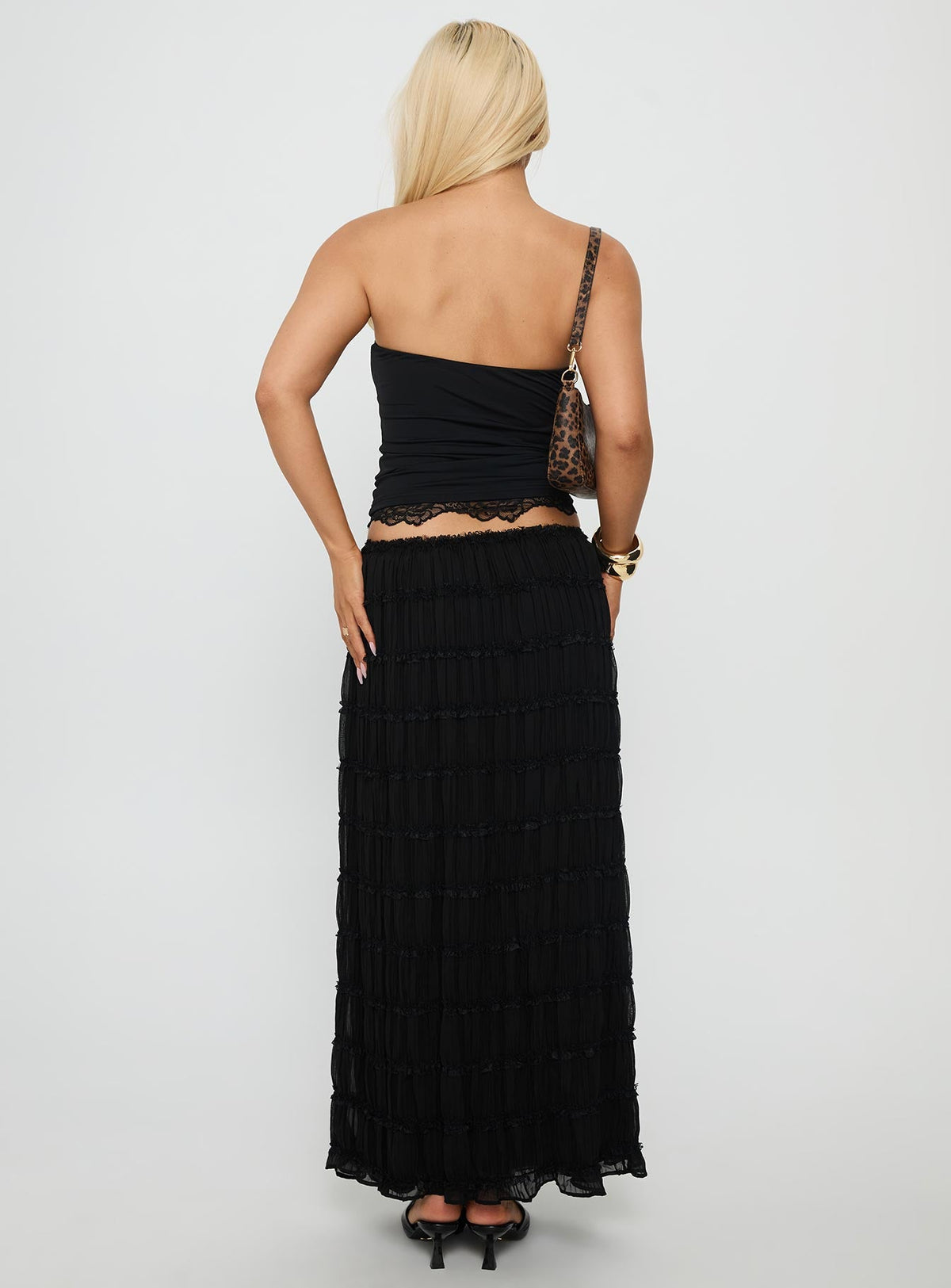 back view of model wearing Princess Polly Estefania Maxi Skirt Black Maxi Skirts Skirts 