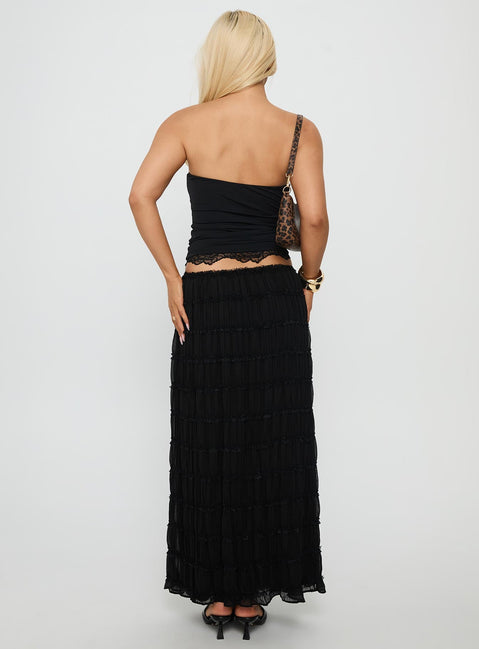 back view of model wearing Princess Polly Estefania Maxi Skirt Black Maxi Skirts Skirts 