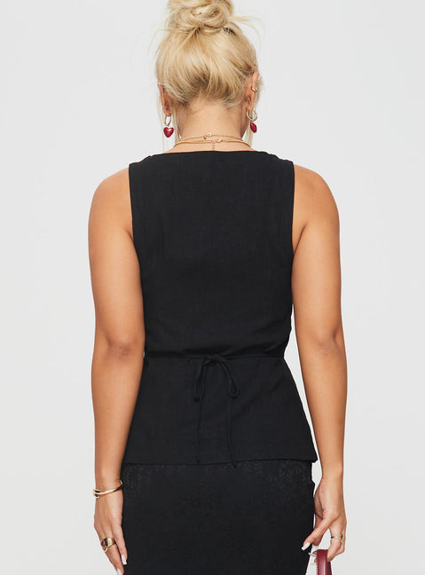 back view of model wearing Princess Polly Spirito Vest Top Black Sleeveless Scoop Neck 