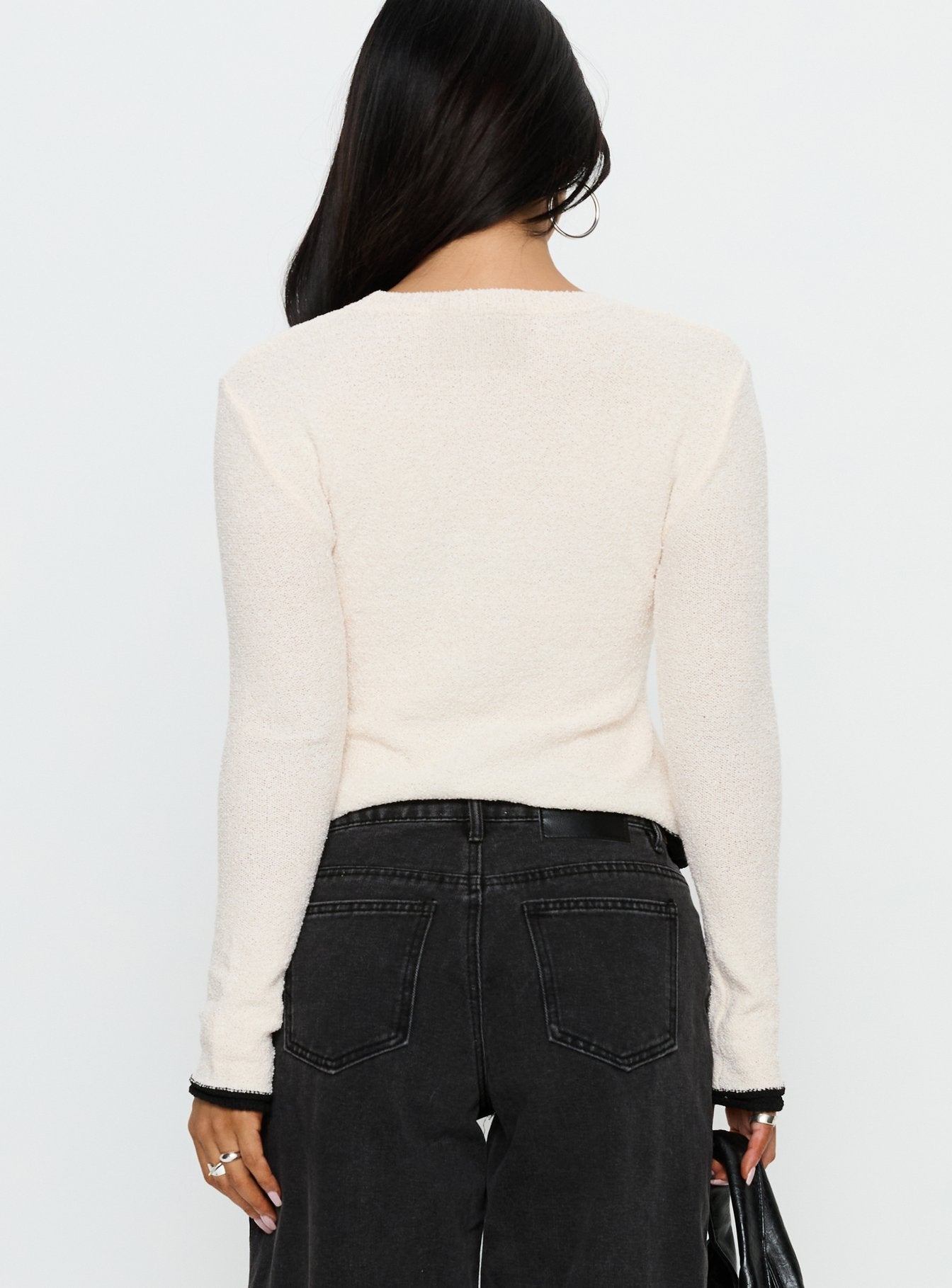 back view of model wearing Princess Polly Keree Lightweight Knit Sweater Cream cropped 