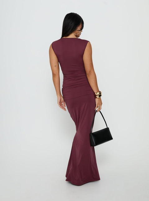 Presenting the Liorah Foldover Waist Maxi Skirt Red in womens-skirts with a maxi length back view of model wearing Princess Polly