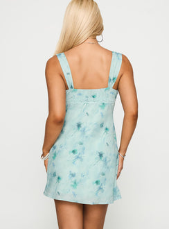 back view of model wearing Princess Polly Love Beckons Mini Dress Blue Floral Plunger 