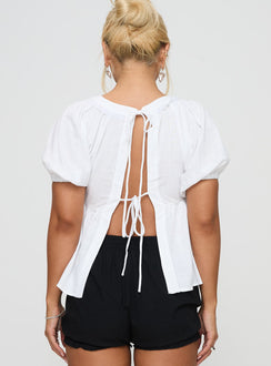 back view of model wearing Princess Polly Weyes Smock Top White Short Sleeves Scoop Neck 