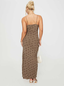 back view of model wearing Princess Polly Darsih Maxi Dress Light Brown Square Neck 