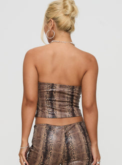 back view of model wearing Princess Polly Kinniya Strapless Top Brown Multi Sleeveless straight 