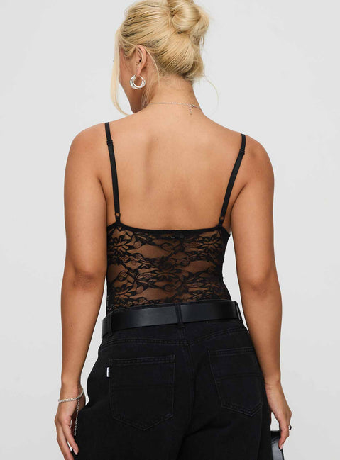 back view of model wearing Princess Polly Wystan Lace Bodysuit Black Sleeveless Plunger 
