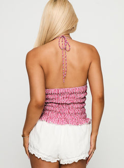 back view of model wearing Princess Polly Eliette Ruched Top Pink Check Sleeveless Plunger 