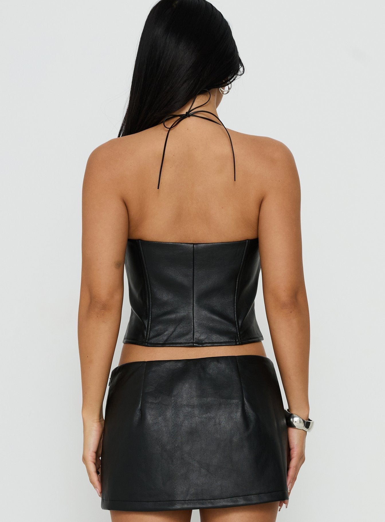 Kianah Faux Leather Tie Neck Corset Top Black