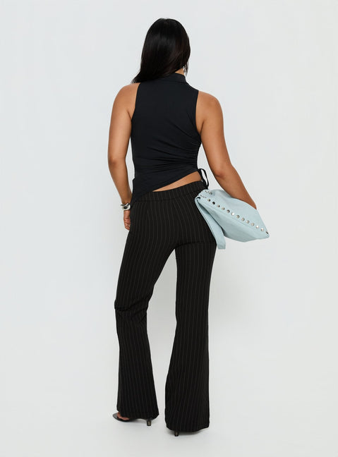 back view of model wearing Princess Polly Louder Please Tie Side Straight Leg Pants Black Pinstripe Mid Rise Pants 