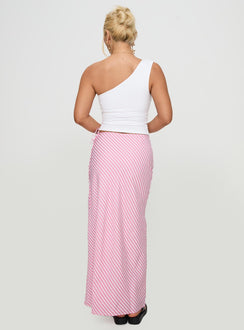 back view of model wearing Princess Polly Fluttering Maxi Skirt Pink Stripe Maxi 