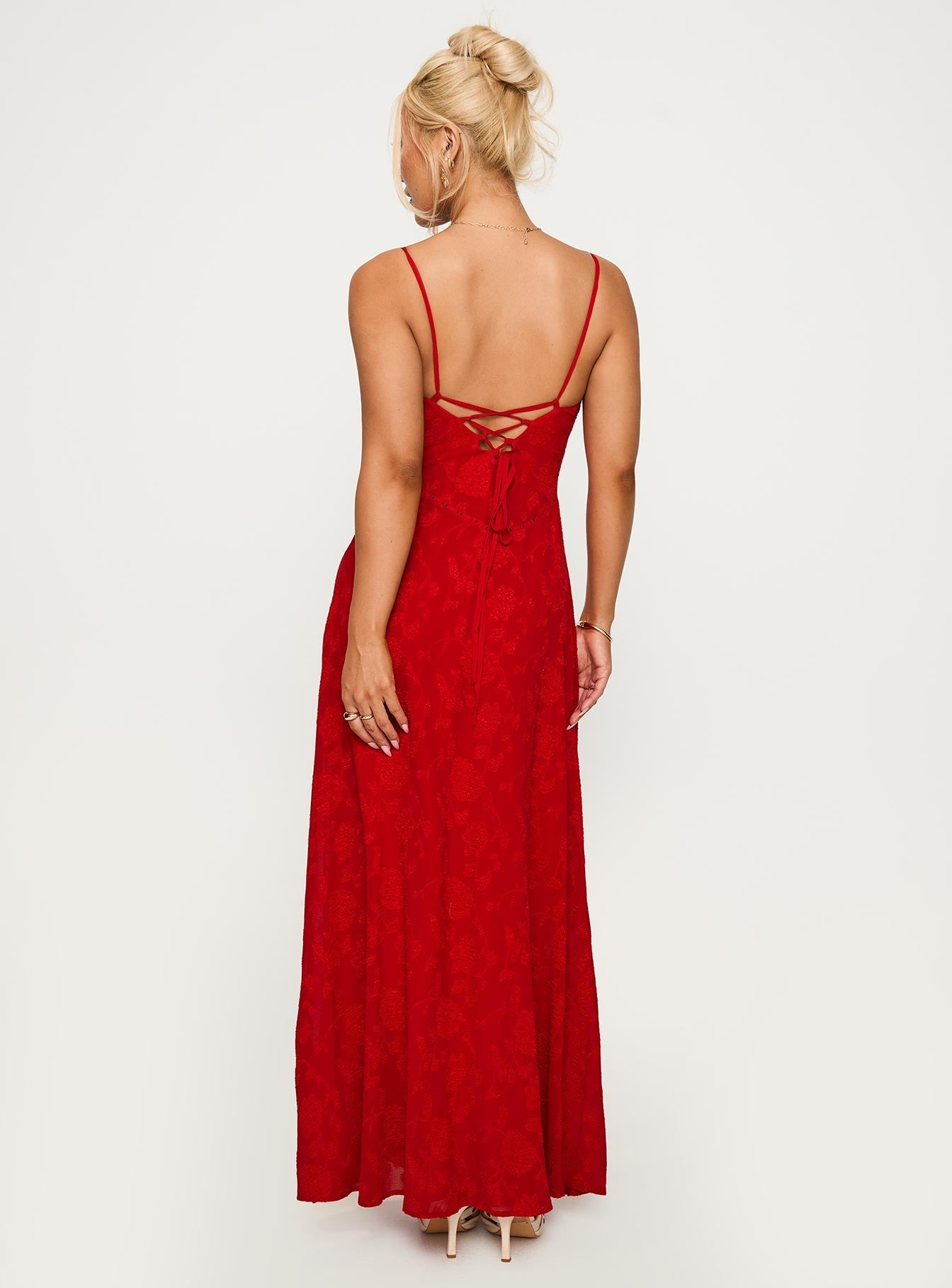 back view of model wearing Princess Polly South Of France Maxi Dress Red Scoop Neck 