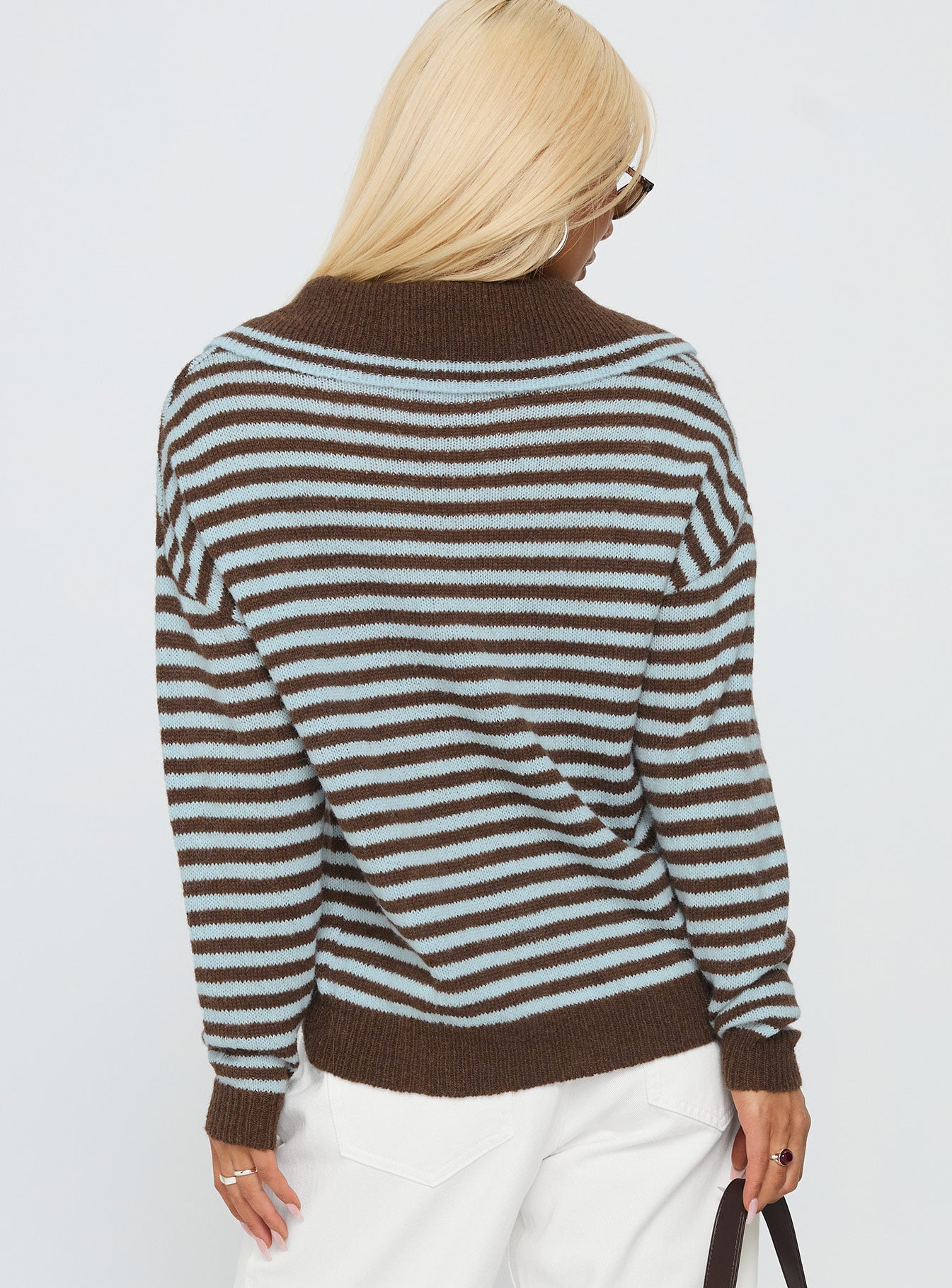 back view of model wearing Princess Polly Moon Went Dark Collared Knit Sweater Stripe 