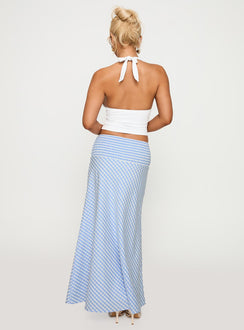 back view of model wearing Princess Polly Every Girl Shirred Maxi Skirt Blue Check Maxi 