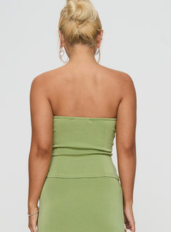 back view of model wearing Princess Polly Sun Chaser Strapless Top Green Sleeveless Sweetheart 