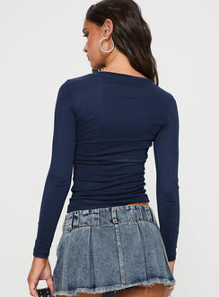 back view of model wearing Princess Polly Raldor Long Sleeve Top Navy Full Sleeves Crew Neck 
