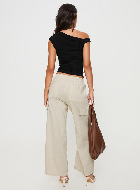 Beige Cargo pants Linen material look, relaxed fit, elasticated waistband, six pocket design