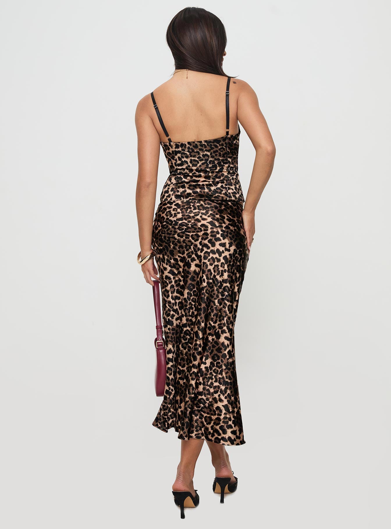 back view of model wearing Princess Polly Enigmatic Maxi Skirt Leopard Maxi 