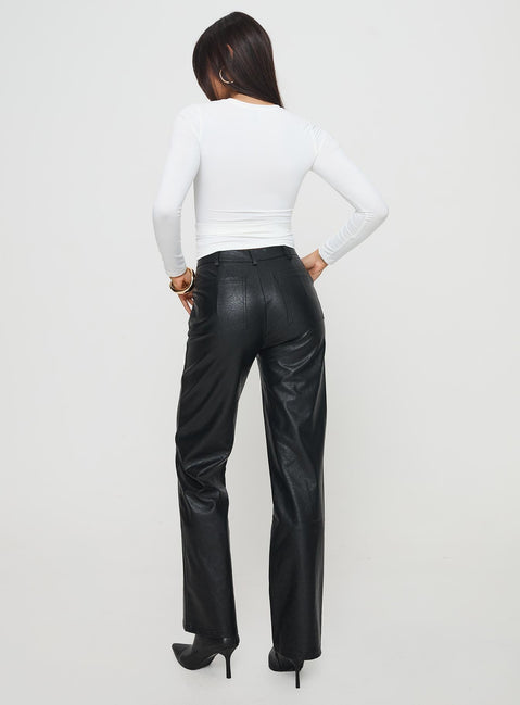 back view of model wearing Princess Polly Benner Low Waist Wide Leg Faux Leather Pants Black High Waisted Pants 