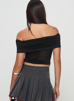 back view of model wearing Princess Polly Werrender Off The Shoulder Top Black Short Sleeves straight 