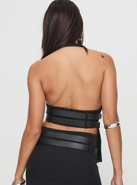 back view of model wearing Princess Polly Ethereal Buckle Top Onyx Sleeveless V-Neck 