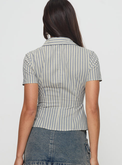 back view of model wearing Princess Polly Peppy Shirt Stripe Short Sleeves V-Neck 