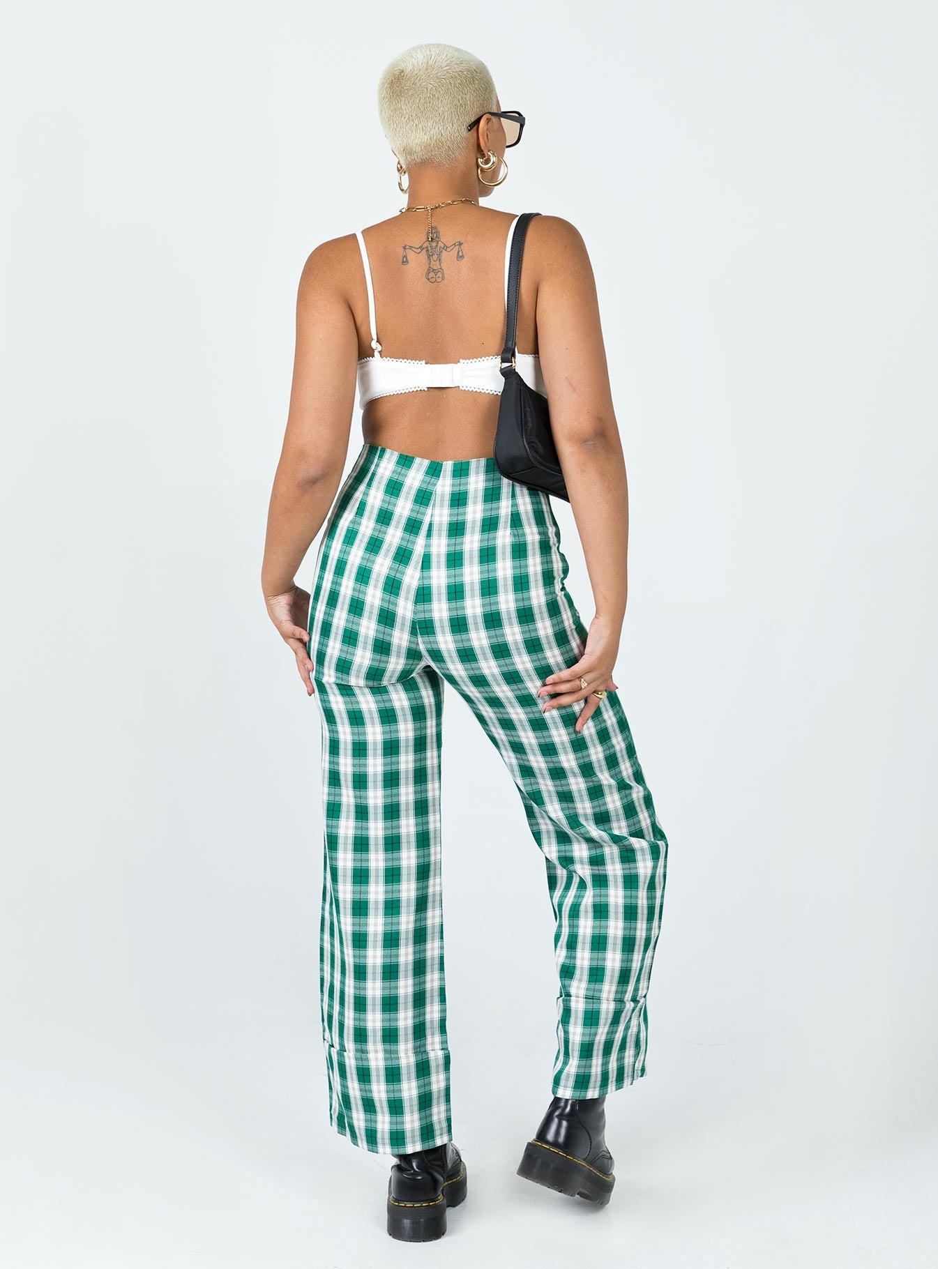 back view of model wearing Princess Polly Euros Pants Green Tartan 