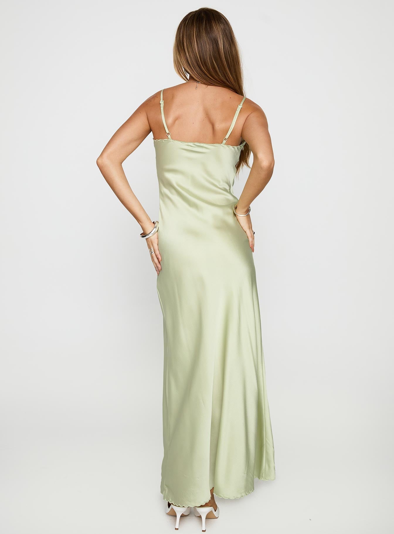 back view of model wearing Princess Polly Cyrielle Embroidered Maxi Dress Sage Plunger 