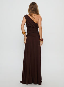 back view of model wearing Princess Polly Full Orbit Shirred Maxi Skirt Chocolate Brown Maxi Skirts 