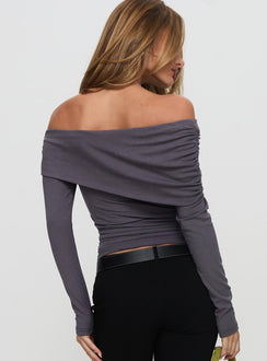 back view of model wearing Princess Polly Erving Long Sleeve Off Shoulder Top Slate Full Sleeves straight 