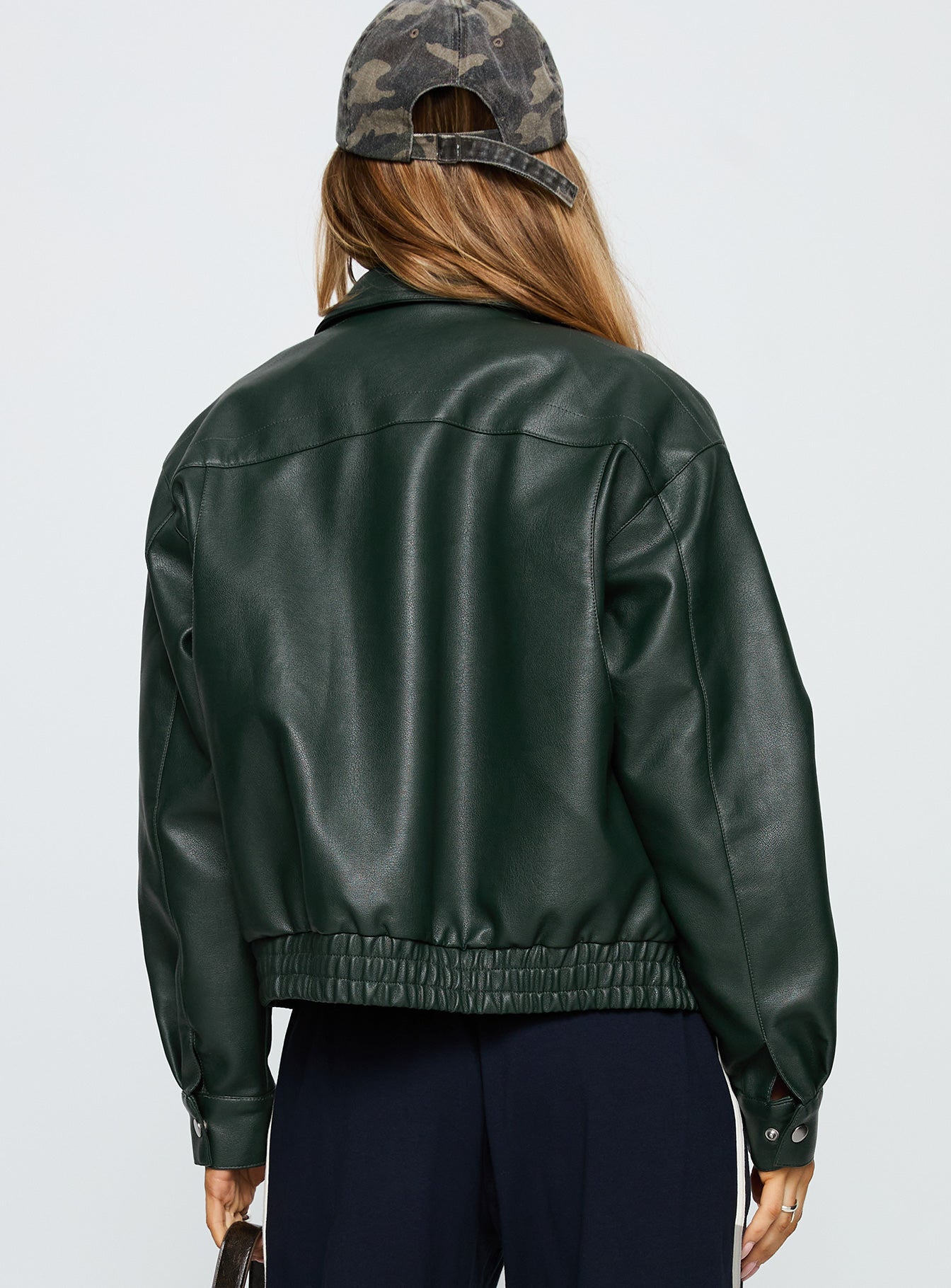 Privilege Faux Leather Bomber Jacket Green