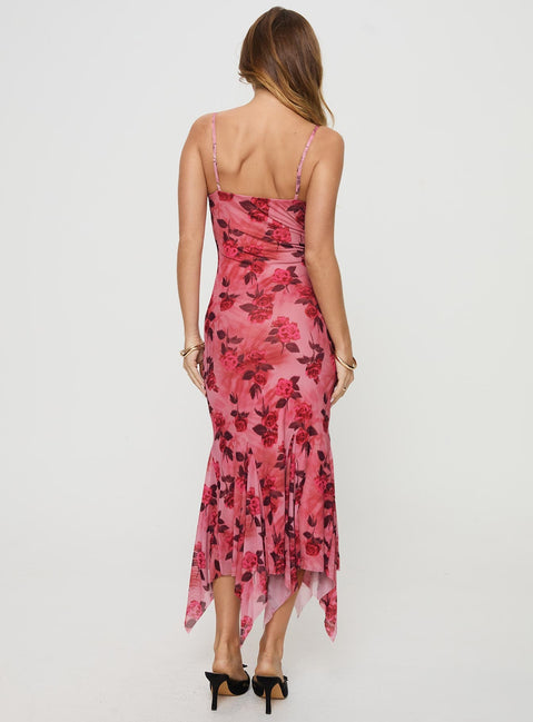 back view of model wearing Princess Polly Eirini Maxi Dress Pink Floral V-Neck 