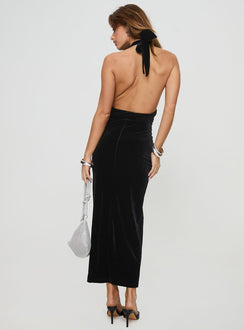 Halter maxi dress Velvet material, plunging neckline, tie fastening at neck, split in hem at back Good stretch, unlined  Princess Polly Lower Impact 
