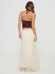 Maxi skirt Lace material, elasticated waistband with tie fastening, lettuce edge hem Good stretch, fully lined 