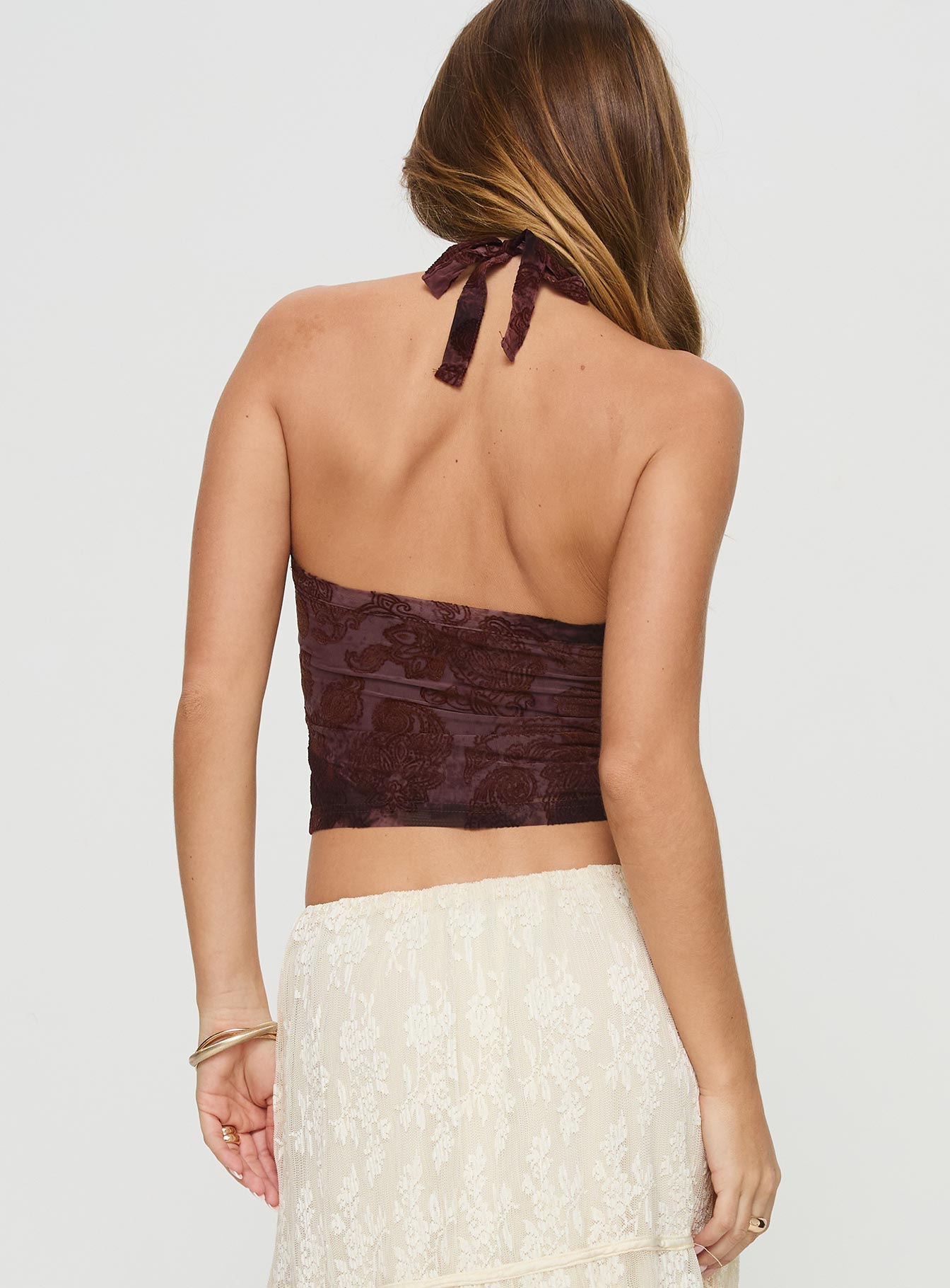 back view of model wearing Princess Polly Zyraelyn Top Multi Sleeveless Scoop Neck 